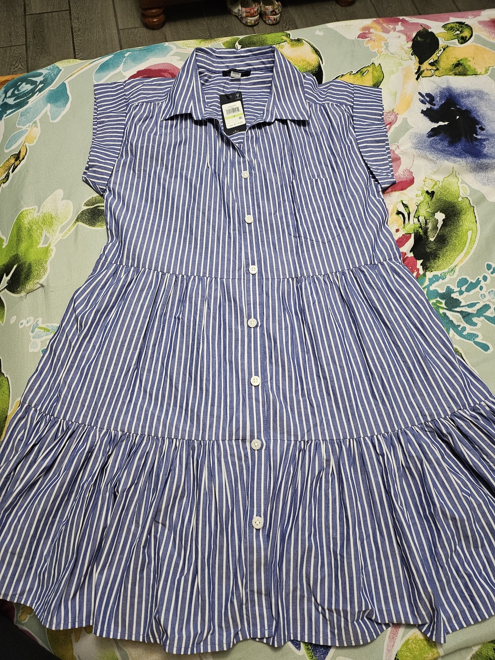 Women's Blue and White Striped Button-Front Tiered Dress